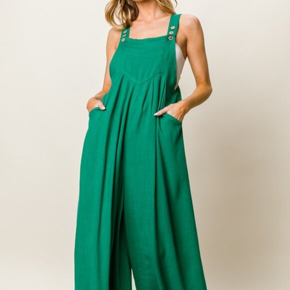 Women's Wide Legs Jumpsuit, Pleated Jumpsuit Adjustable Front Buttons - Picture 1 of 5